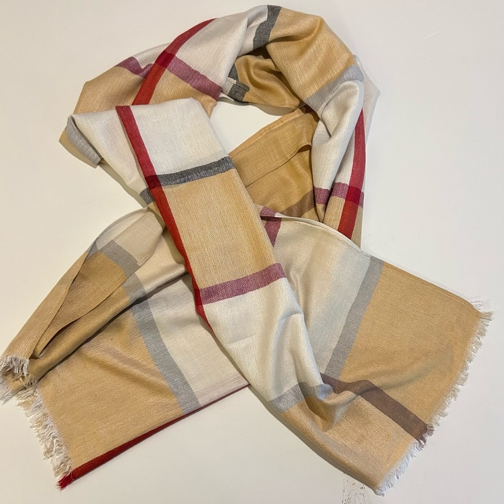 Tan & White Plaid Scarf with Red & Navy Accents and Fringe